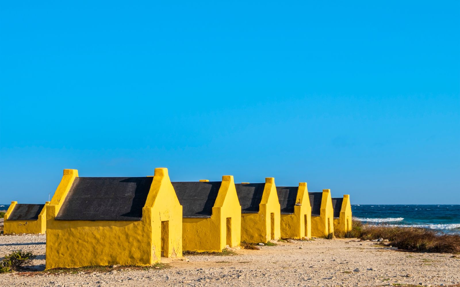 Traditional yellow buildings near the Bonaire coastline