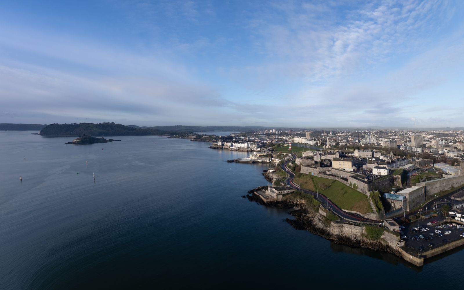 Wide view of Plymouth Sound and coastline
