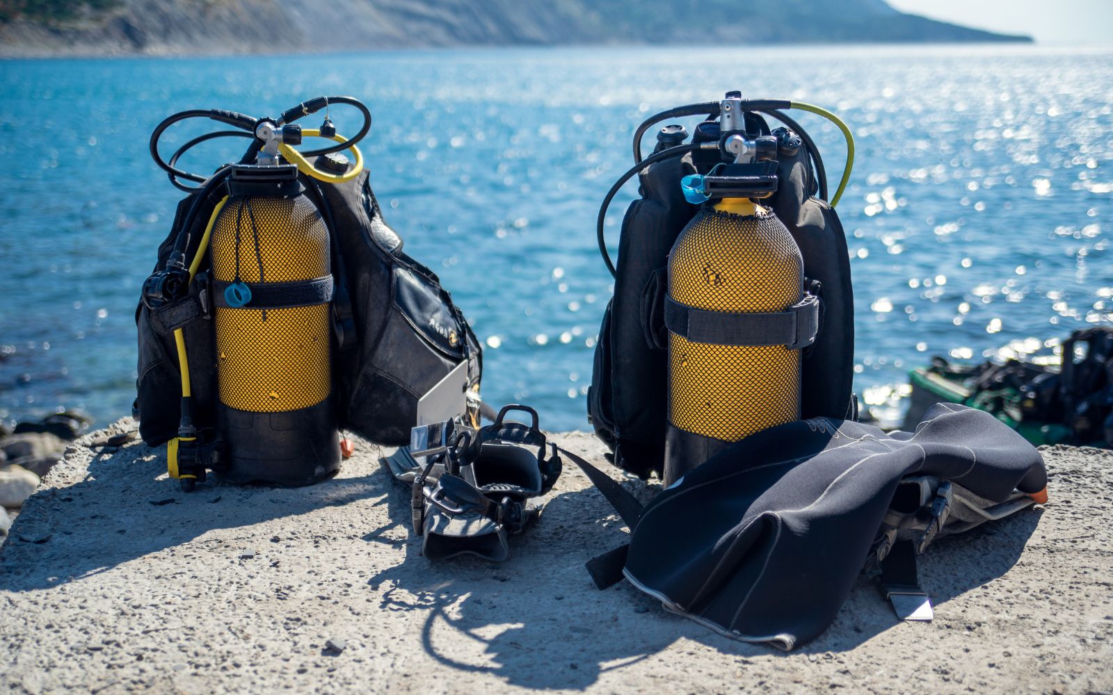 Diving equipment positioned beside the sea