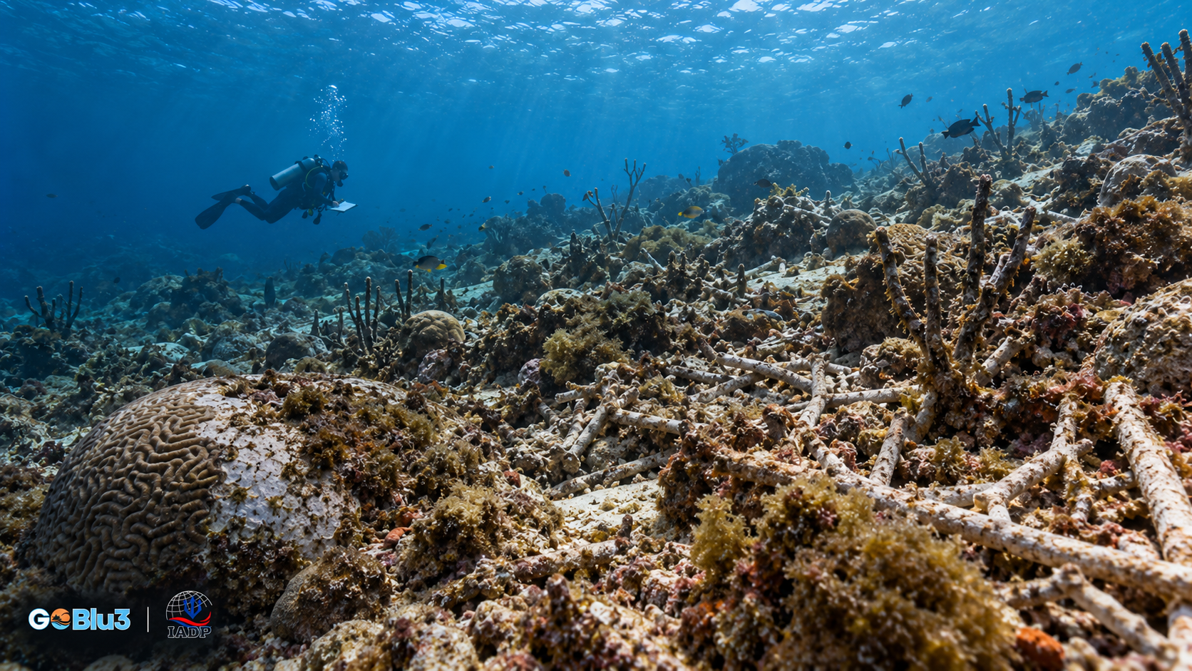 Degraded coral reef in Cura&ccedil;ao showing reduced healthy coral cover and reef deterioration